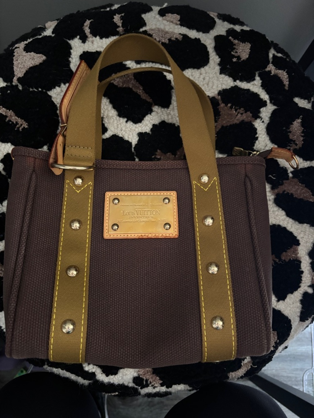 Louis Vuitton Dark Brown Canvas Tote with Tan Straps and Gold Plaque